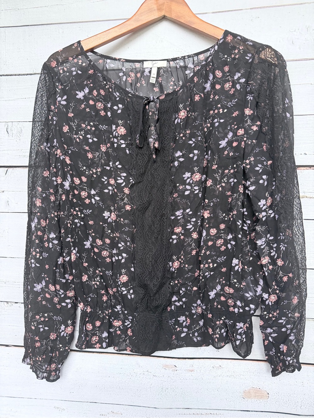 Joie Grazia Caviar Black Floral Lace Panel Smocked Blouse - Medium - Picture 2 of 6